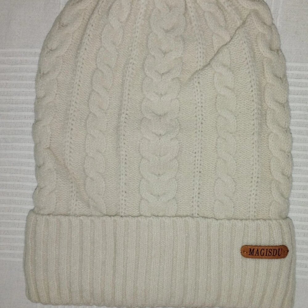 Beanie Long Slouchy Skullcap Hat Merino Wool Cable Cap Cuffed Fleece Lined Warm
